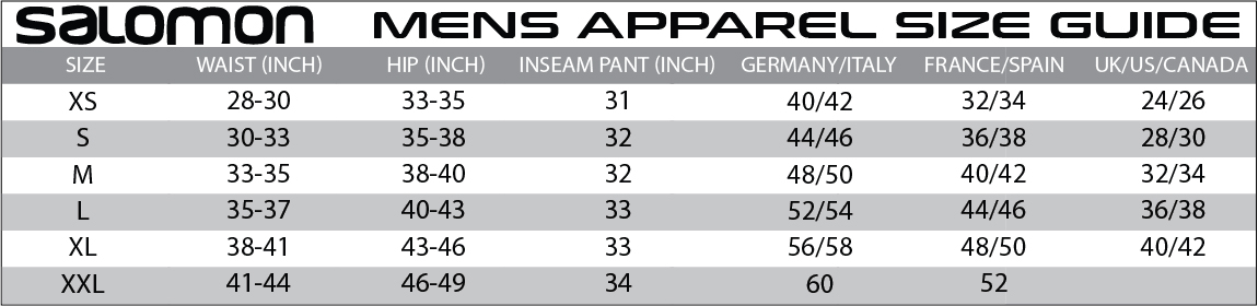 Salomon Mens Apparel Size Guide